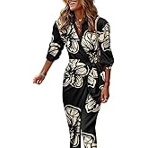 CHICME Women's Long Sleeve Midi Dress Casual Wrap Tied Detail Shirt Dresses Floral Print Fall Long Dress Black-XL