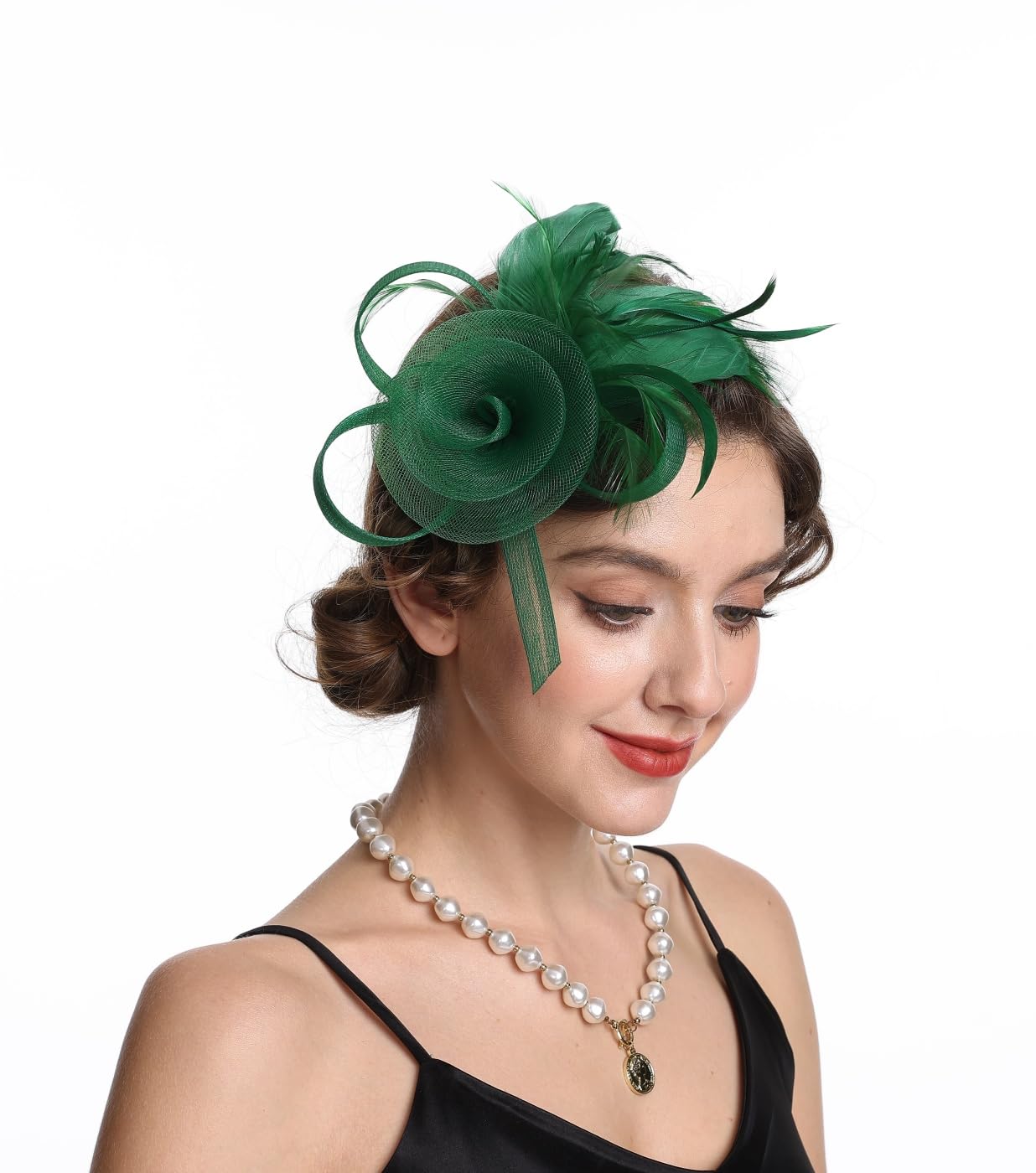 Photo 1 of SAFERIN Fascinator for Women Hair Clip Hat Bowler Feather Flower Veil Wedding Party Tea Hat (US, Alpha, Medium, M-Green)