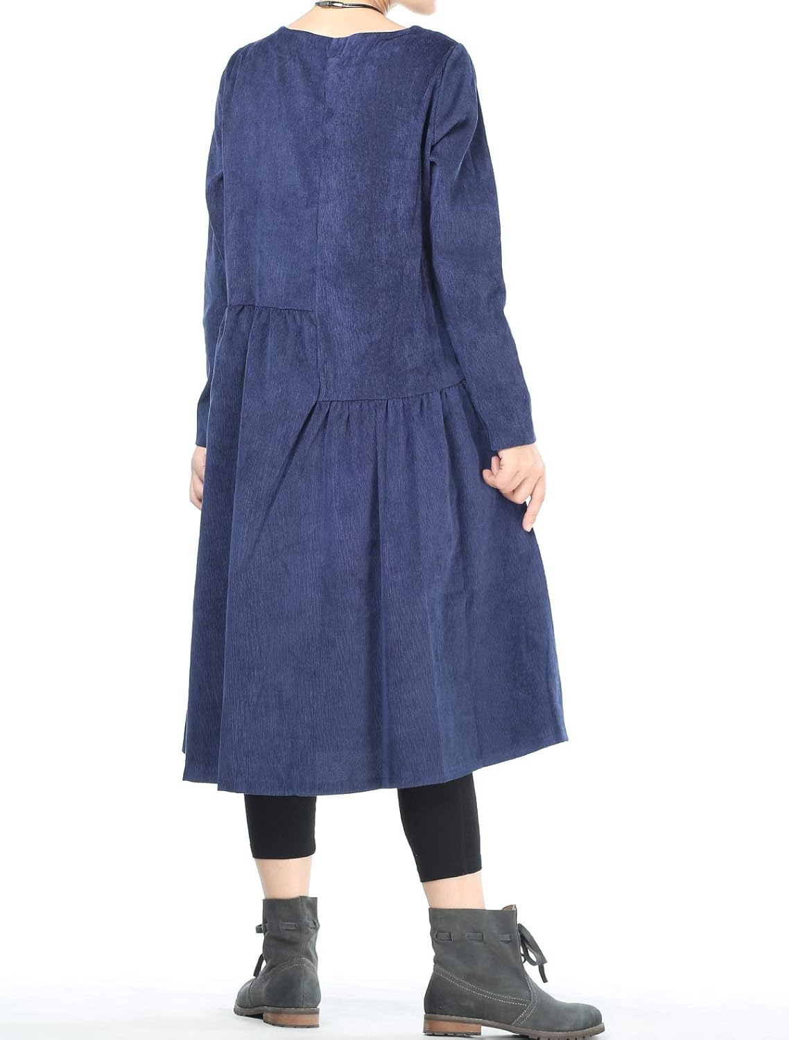 Mordenmiss Women’s Corduroy Pleated Dresses Swing Long Sleeve Dress with Pockets at  Women’s Clothing store