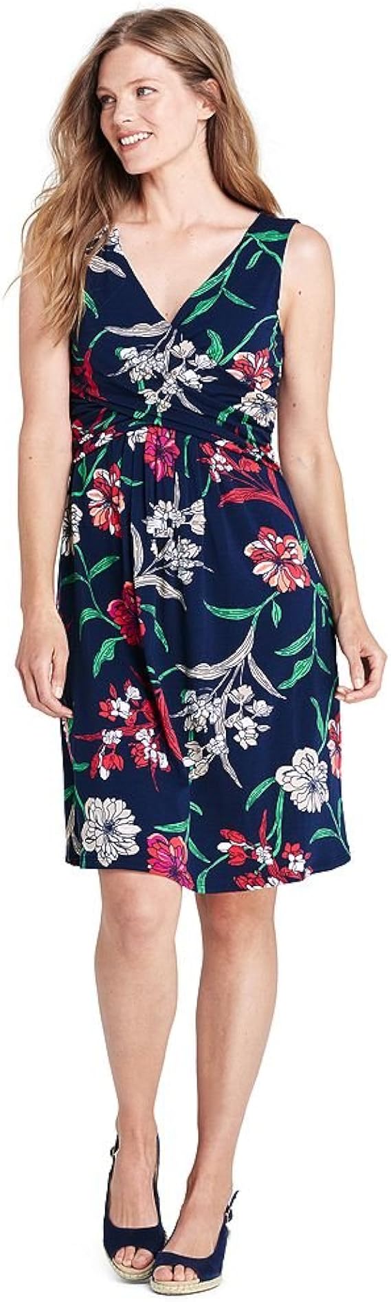 Lands' End Women's Petite Sleeveless Fit and Flare Dress, XS, Bold Coral Floral Vine