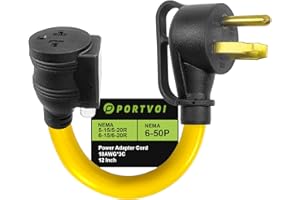 Portvoi NEMA 6-50P to 6-20/15R or 5-20/15R Adapter, 50 Amp to 20 Amp 250V Right Angle Plug with Built-in Circuit Breaker