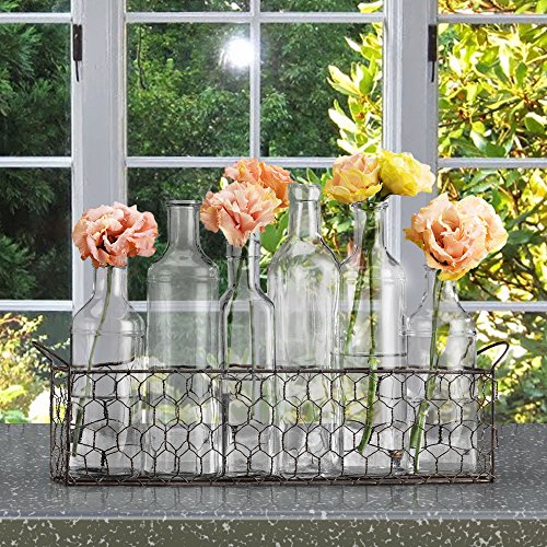 Bud Flower Vases In Chicken Wire Basket for Window-Sill Display, Decorative Storage, Party or Wedding Centerpiece - Clear Glass 6-piece Assorted Home Decor Set