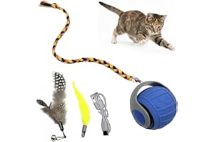 Pounce Pal Interactive Cat Toy, Automatic Moving Cat Ball with Replaceable Feather & Rope, USB Rechargeable Electronic Cat To