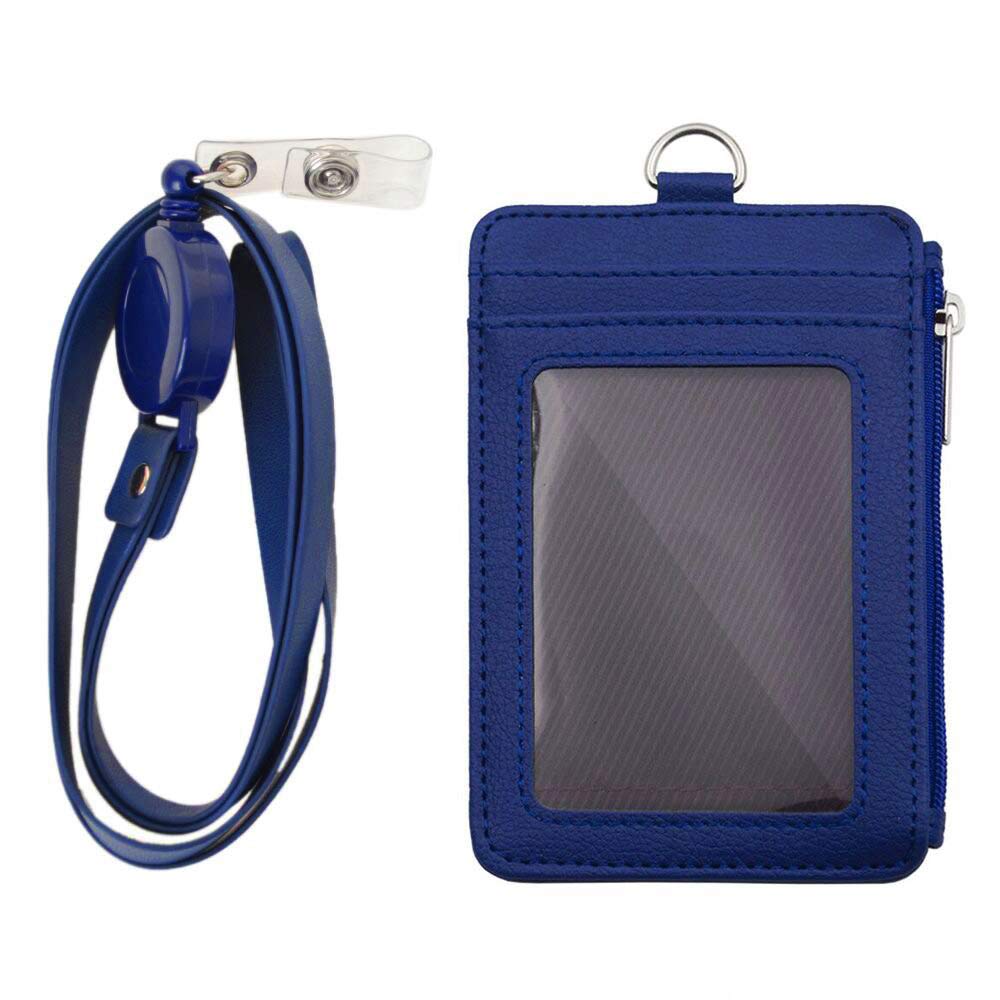 Badge Holder with Zipper, ID Card Holder Wallet with 5 Card Slots, 1 Side Pocket and 20" Retractable Neck Lanyard-Blue