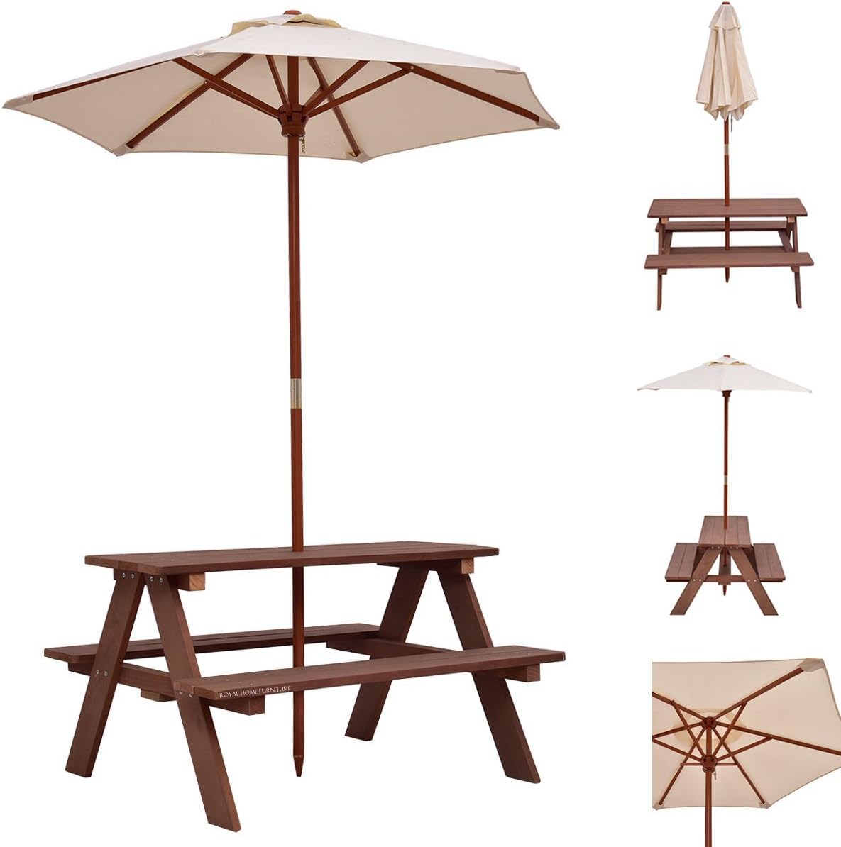 Royal Home Furniture 3 Feet Outdoor Wooden Picnic Table Bench with Foldable Umbrella | Portable Weatherproof Large 4 Seats Sturdy Wood for Children Kids Adult Pub Dining Backyard Garden BBQ Party Yard