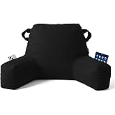 Unisakey Portable Comfy Reading Pillows for Bed Sitting Up(Black Oeko-Tex), Velvet Back Pillow with Arms & Pockets for Adults, Support Memory Foam Bed Pillow for Dorm/Reading/Watching/Gaming