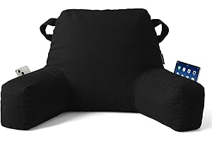 Unisakey Portable Comfy Reading Pillows for Bed Sitting Up(Black Oeko-Tex), Velvet Back Pillow with Arms & Pockets for Adults, Support Memory Foam Bed Pillow for Dorm/Reading/Watching/Gaming