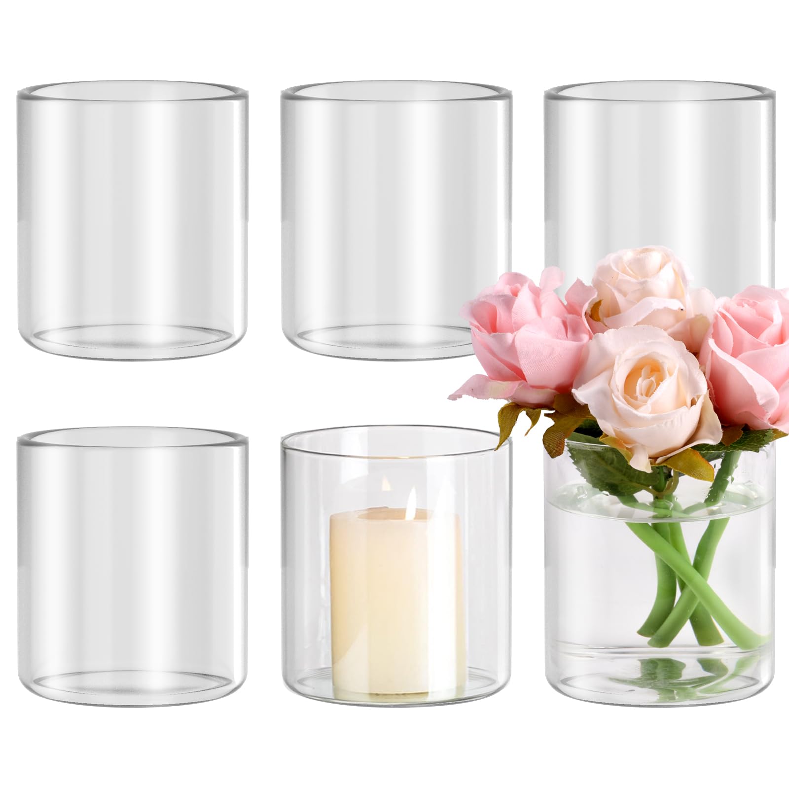 Photo 1 of 6pcs Glass Cylinder Vases for Centerpieces, 4 Inch Small Clear Glass Flower Vases Floating Candle Holder Vase for Wedding Birthday Party Decoration Home Table Decor