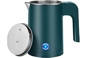 WDCME Small Electric Kettle Stainless Steel, 0.6L Portable Travel Kettle with Double Wall Construction, Mini Hot Water Boiler Heater, Electric Tea Kettle for Business Trip, Camping, Travel, Office (Green)