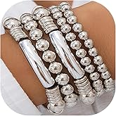 LXSSLY 5Pcs Gold Bead Bracelets Set for Women,14K Gold Plated Stackable Bead Ball Bracelets Set,Adjustable Chunky Bangles Bracelets,Boho Stretch Bead Ball Bracelet for Women