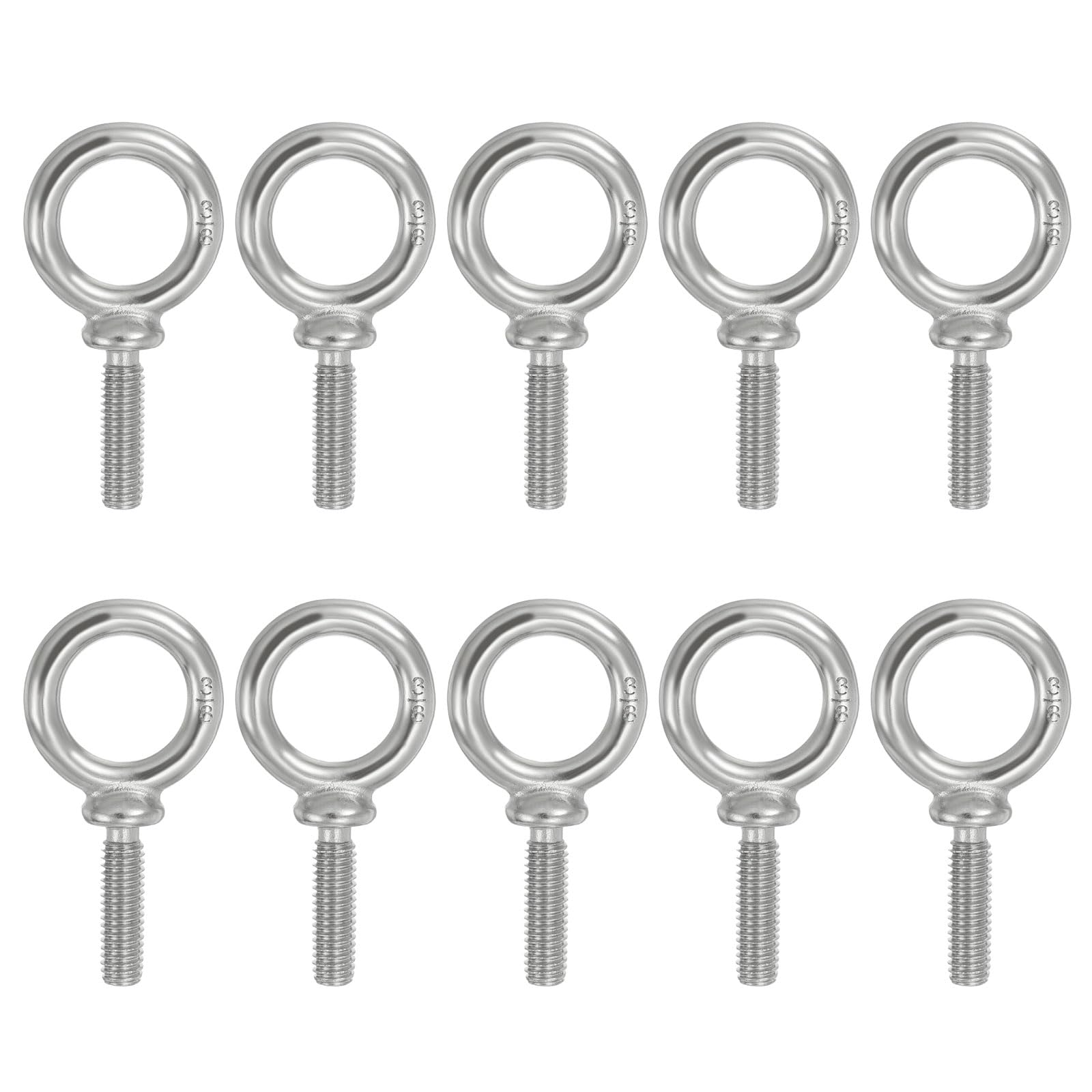 PATIKIL Lifting Eye Bolts UNC3/8"-16, 10 Pcs 304 Stainless Steel Marine Grade Machinery Shoulder Lifting Ring Threaded Eyebolt for Hanging Tie Down Strap, Silver