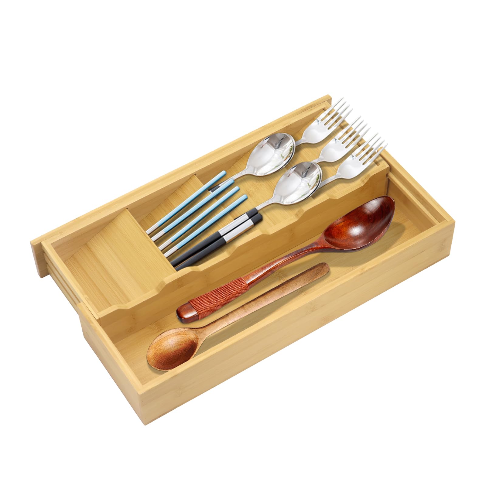 Beowanzk Bamboo Cutlery Tray, Expandable Drawer Organizer With 4 Compartments for Kitchen and Living Room