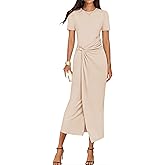 ZESICA Women's 2026 Summer Short Sleeve Bodycon Midi Dress Crewneck Ruched Split Wedding Guest Cocktail Wrap Dresses