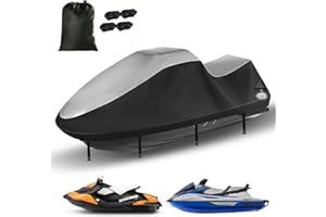 GRABADO Waverunner Cover,Durable 420D Jetski Cover 3 Seater Waterproof,Upgraded Spark Cover for Yamaha with 2 Air Vents，4 Windproof Buckles,All Weather Universal Cover for Seadoo (Silver-Black, XXL:121"-135")