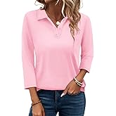 PGANDS Women's 3/4 Sleeve Polo Shirts V Neck Collared Button Basic Tops
