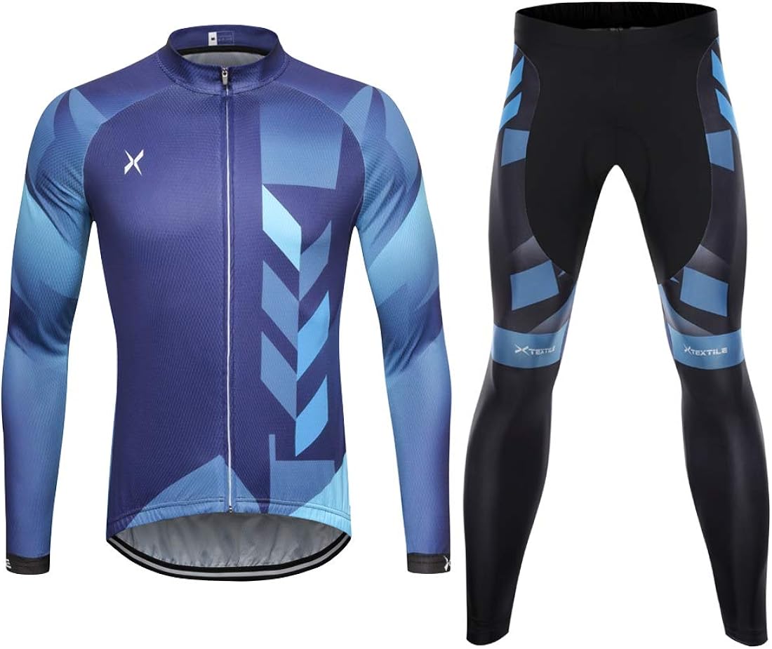 Xtextile Men's Cycling Jersey Set with Full Zipper Long Sleeves Bicycle Shirt and 4D Coolmax Padded Cycling Tights Leggings: Clothing