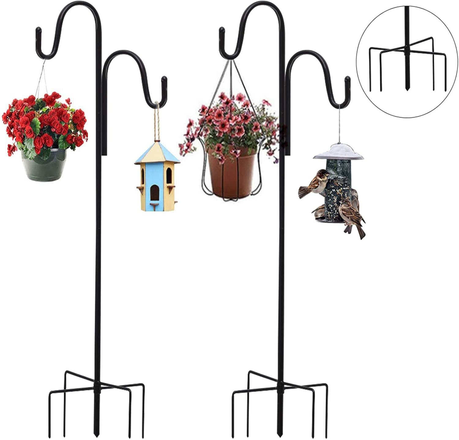 Outdoor Shepherd's Hooks - SOKLIT 2 Pack Shepherd Crook Hooks with 5 Prong Base, 120cm/47 Inch Double Adjustable Shepherds Hooks for Bird Feeders, Christmas Lights, Flower Ball, Plant and Christmas Decorations