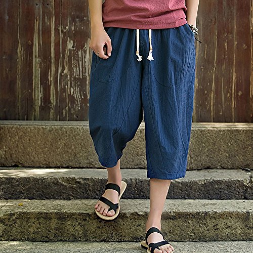 LISTHA Loose Baggy Harem Pants Men's Casual Sports Calf-Length Linen Trousers Navy