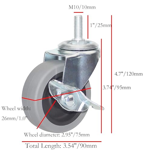 Caster Wheels, 4 Inch Heavy Duty Casters Threaded Stem Casters No Noise Swivel Casters Set Of 4 Locking Castor Wheels For Funiture, Workbench, Carts - View #11
