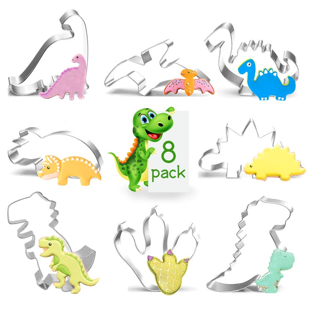 8 Pcs Dinosaur Cookie Cutters Shapes Set, Stainless Steel Dinosaur Sandwich Cutters for Kids, Dinosaur Biscuit Cutters for Baking T-Rex Stegosaurus Brontosaurus Triceratops Tyrannosaurus Footprint