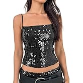 Women Y2k Sequin Glitter Camisole Spaghetti Strap Sparkly Slim Fit Tops Sexy Going Out Party Clubwear Tops