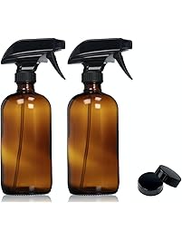 Empty Amber Glass Spray Bottles with Labels (2 Pack) - 16oz Refillable Container for Essential Oils, Cleaning Products, or Aromatherapy - Durable Black Trigger Sprayer w/ Mist and Stream Settings