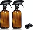 Empty Amber Glass Spray Bottles with Labels (2 Pack) - 16oz Refillable Container for Essential Oils, Cleaning Products, or Aromatherapy - Durable Black Trigger Sprayer w/ Mist and Stream Settings