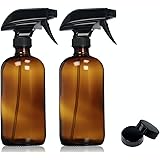 Empty Amber Glass Spray Bottles with Labels (2 Pack) - 16oz Refillable Container for Essential Oils, Cleaning Products, or Aromatherapy - Durable Black Trigger Sprayer w/ Mist and Stream Settings