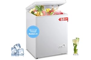 EUASOO 5 Cu.Ft Chest Freezer with a Removable Basket 6 Gears Adjustable Temperature Control(-18.4°F to 50°F), Deep Compact Freezer for Garage, Office, Basement, House, Kitchen, Shop, RVs-White