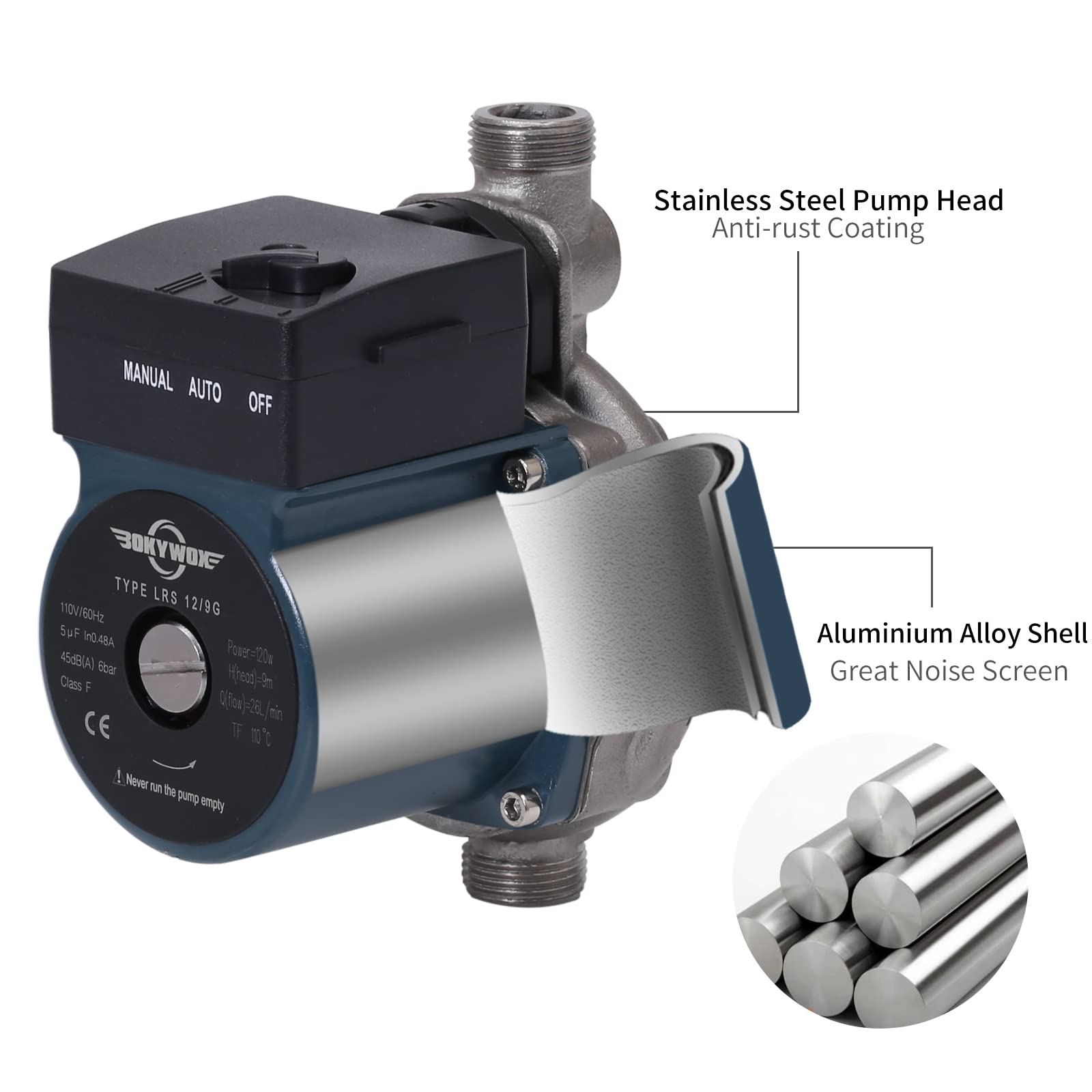BOKYWOX Centrifugal Pump NPT 3/4'' Automatic Booster Pump 120W Hot Water Recirculating Pump Stainless Steel 304 for Faucet/Solar Heater(LRS12-9G)