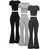 BekeBig Girl's 3 Packs Short Sleeve T Shirt Flare Leg Pants Set Fitted Matching Clothing Set Yoga for 13-16Y