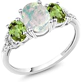 Gem Stone King 2.10 Cttw 10K White Gold Cabochon White Simulated Opal Green Peridot and Diamond Accent 3-Stone Engagement Ring For Women | 3 Stone Wedding Anniversary Promise Ring