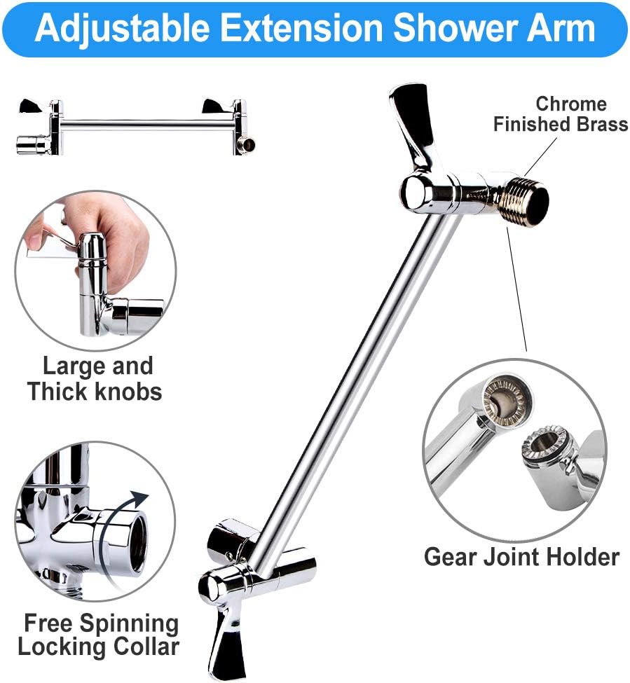 Kaqinu Shower Head, 8'' High Pressure Rainfall Shower Head / Handheld Showerhead Combo with 11” Extension Arm, Anti-leak Shower Head with Holder/ Hose, Flow Regulator, Chrome - - 