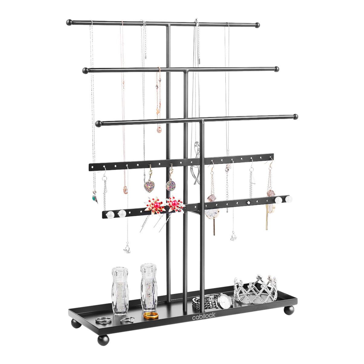 Cabilock Jewelry Holder 3 Tier Metal Necklace Holder Jewelry Organizer Display Bracelet Hanger Tower Jewelry Tree Stand with Jewelry Tray Base for Necklaces Bracelet Earrings Ring