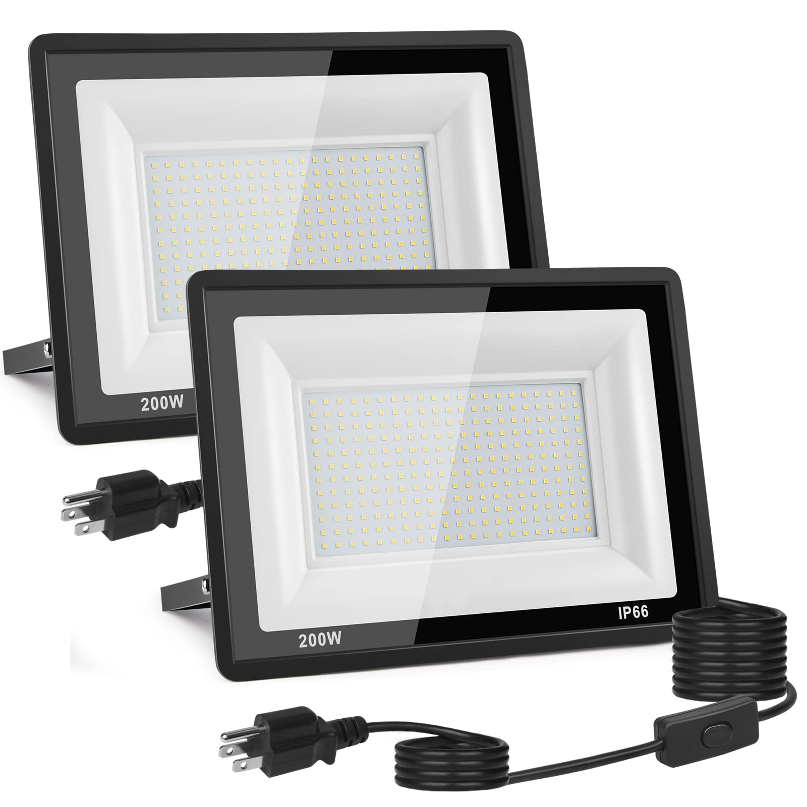Photo 1 of 2-Pack 200W LED Flood Light Outdoor, 20000LM Bright Plug-in Flood Lights with Switch, IP66 Waterproof Exterior Security Lights, LED Work Light for Garage, Yard, Garden, Playground, Stadium, Arena