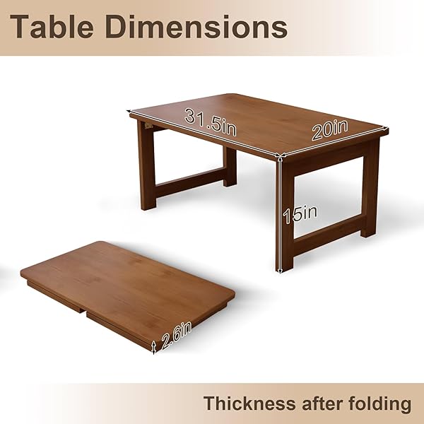 MHIUSI FLOOR COFFEE TABLE FOR LIVING ROOM, JAPANESE FOLDING LOW DINING TABLE, NO ASSEMBLY FOLDABLE TATAMI TEA TABLE – NATURAL SOLID WOOD BAMBOO, RECTANGLE GROUND DESK FOR SMALL SPACES (WALNUT)