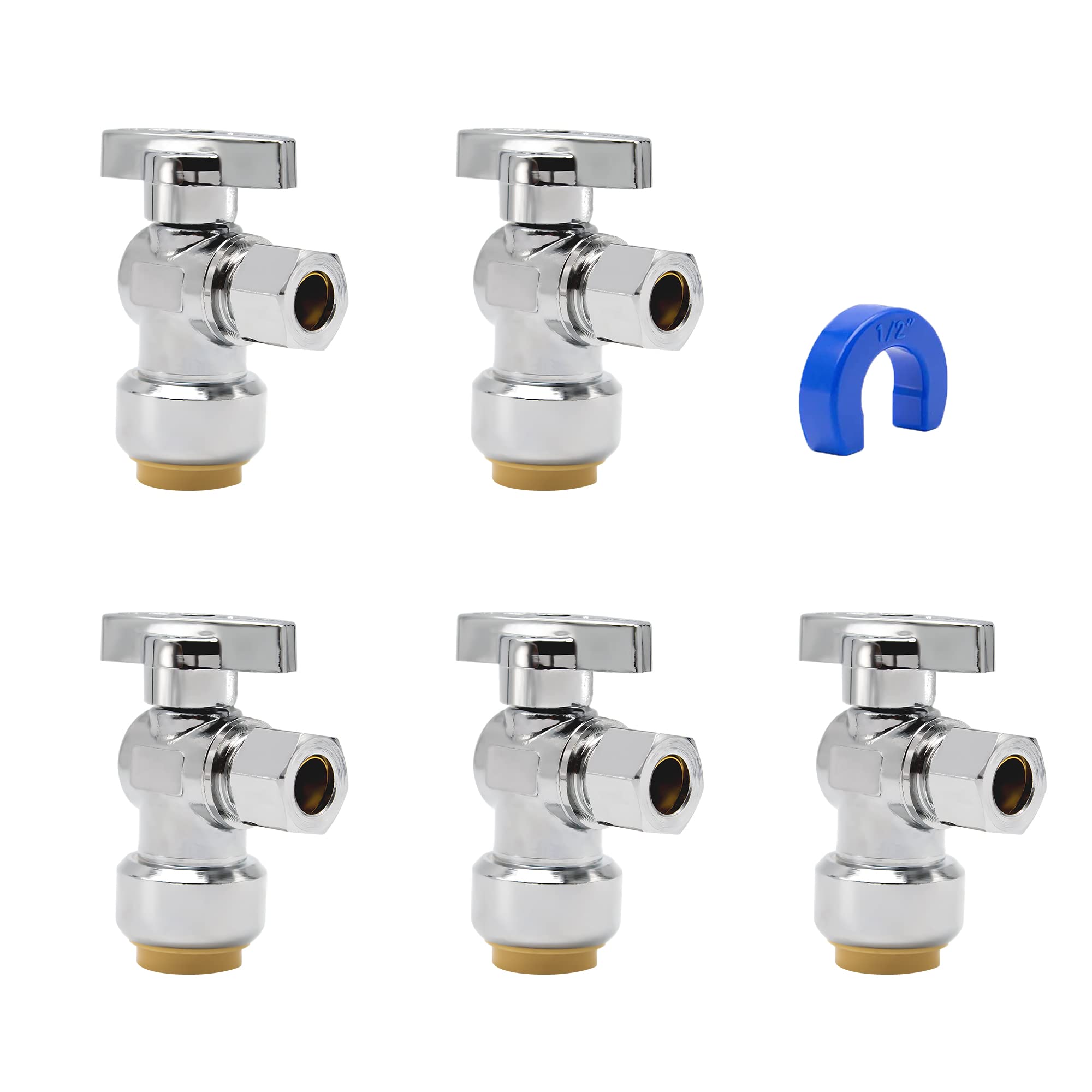 Photo 1 of PURAGEIR Angle Stop Valve 5 Pack,1/2" Ptc X 3/8" Compression Water Shut Off Valve,1/2 Inch Pushfit X 3/8 Inch OD Compression Angle Shut Off Valve with Disconnect Clip,Pex, Copper,Cpvc,PE-RT,Brass