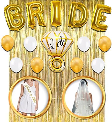 Bachelorette Party Decorations Kit - Bridal Shower Supplies | Bride to Be Sash, Veil + Ring Foil Balloon,Bride Foil Balloon,Set of 8 Latex Balloons 4 Pearly White & 4 Gold ,Metallic Gold Curtains
