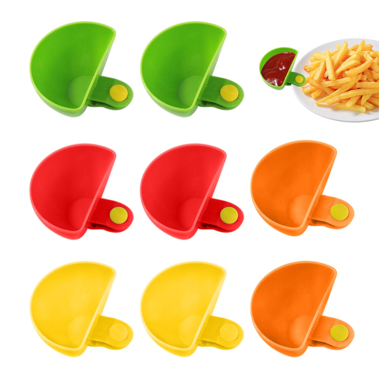 DUINIU 8-Piece Clip-On Dip Bowls with Clip-On Dip Cups, Plastic Condiment Bowls, Suitable for Serving, Dipping Condiments and Snacks, Etc. (Red, Yellow, Green, Orange)