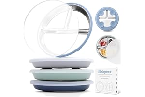 Bakpoco Stainless Steel Toddler Suction Plate with Lid, Deepened 9" Divided Plates with Removable Silicone Sleeves for Kids, Non Toxic Unbreakable Snack Dishes Set of 4, Sage Blue Gray Navy