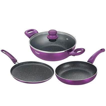 Prestige Omega Deluxe Metallica BYK Aluminium Cookware Set, 3-Pieces, Purple