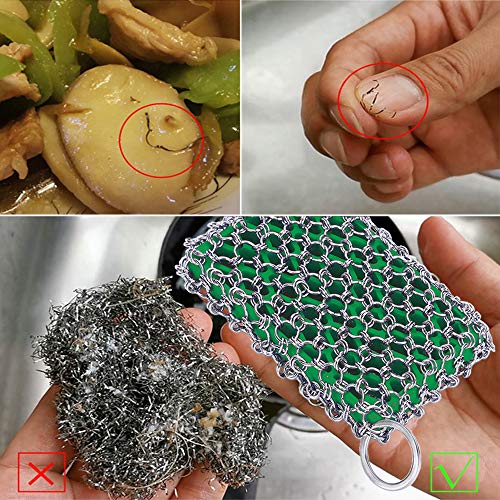 Cast Iron Skillet Cleaner Brush,Premium 316L Stainless Steel Chainmail Cleaning Scrubber Set with Silicone Insert,Kitchen Brush for Sink,Pot, Pan, Pre-Seasoned Pan,Dutch Ovens Waffle Pans Scraper