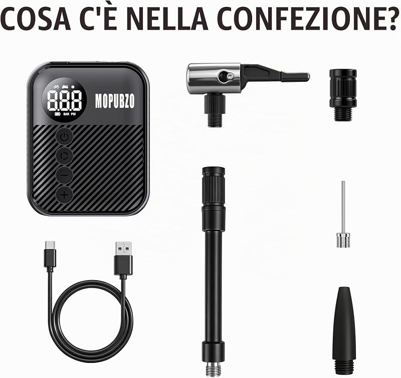 Tiny - Pompa elettrica per bicicletta con manometro, 150 PSI, spegnimento automatico, compatibile con la maggior parte delle valvole dell'aria, gonfiaggio rapido per e-bike, MTB e bici da strada