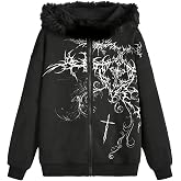 SOLY HUX Men's Y2K Grunge Graphic Gothic Zip Up Hoodie with Fur Hood | Oversized Baggy Jacket, Y2K Grunge Streetwear Sweatshirt, Fall Winter Hip Hop Concert Outfits
