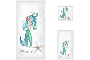 Naanle Stylish Beautiful Mermaid Print Soft Luxury Decorative Set of 3 Towels, 1 Bath Towel+1 Hand Towel+1 Washcloth, Multipurpose for Bathroom, Hotel, Gym, Spa and Beach(White)