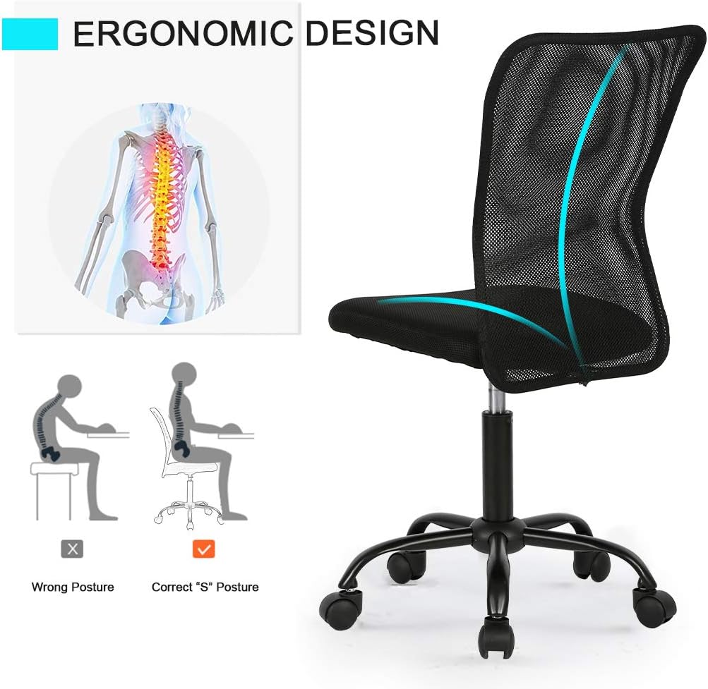 Vnewone Desk Executive Task Rolling Swivel Chair with Wheels Armless Lumbar Support Small Modern Adjustable Mid Back for Home Women, Men, Black: Furniture & Decor