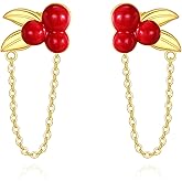 POPLYKE Red Cherry 925 Sterling Silver Earrings 18k Gold Plated Chain Stud Earrings Cute Fruit Jewelry Gift for Women Birthday Christmas