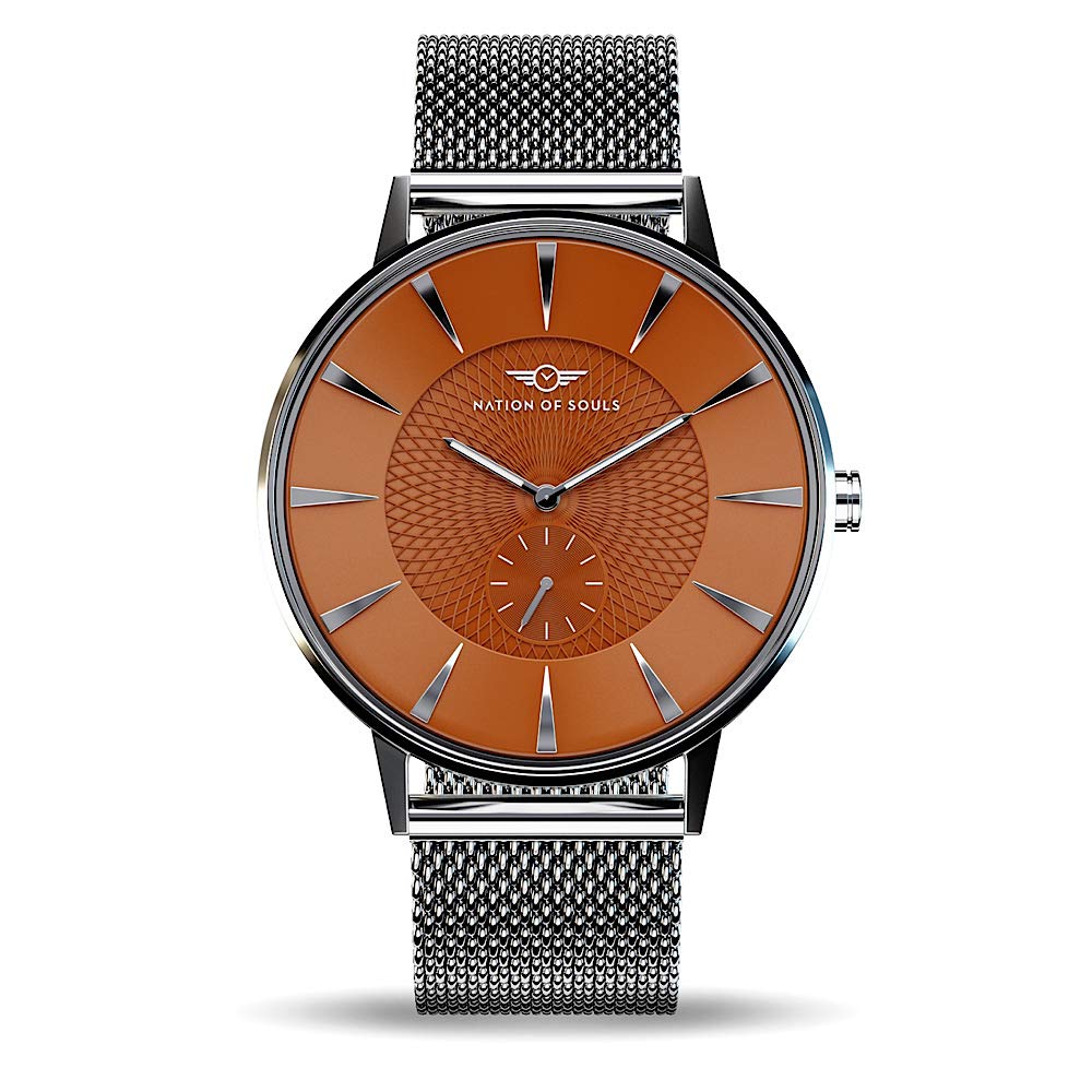 Nation of Souls Eclipse Collection Silver and Coffee Men's 42mm Stainless Steel Case Wrist Watch with 20mm Mesh Strap British Designed Watches
