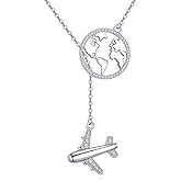 AXOMY Airplane Necklace 925 Sterling Silver Earth Airplane Pendant Y Necklace Travel Aviation Airplane Jewelry Gifts for Women Flight Attendant Stewardess Pilots Graduation