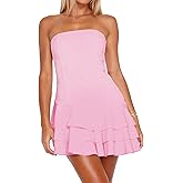 Lenader Women Strapless Mini Dress Summer Vacation Sexy Casual Bodycon Sundress Ruffle Tiered Flowy A-Line Tube Short Dresses Pink